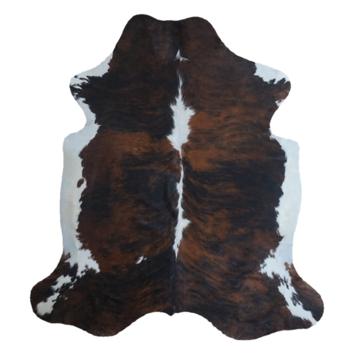Tricolor cowhide rug, 7'3" x 6'6", shown on white background (CH-067)