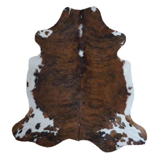 Tricolor cowhide rug, 6'11" x 6'4", shown on white background (CH-068)
