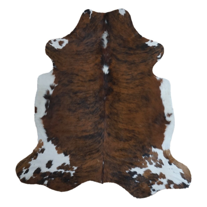 Tricolor cowhide rug, 6'11" x 6'4", shown on white background (CH-068)