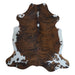 Tricolor cowhide rug, 6'11" x 6'4", shown on white background (CH-068)