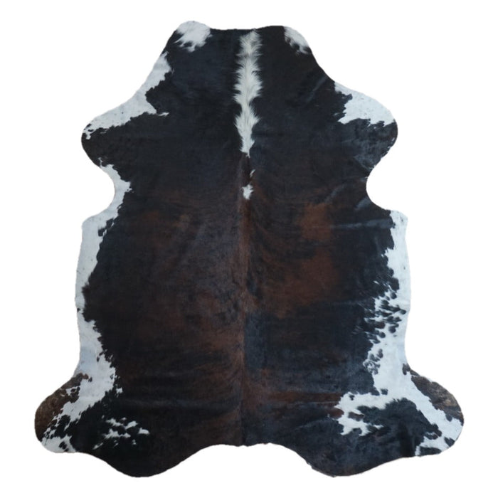 Tricolor cowhide rug, 6'11" x 6'5", shown on white background (CH-070)