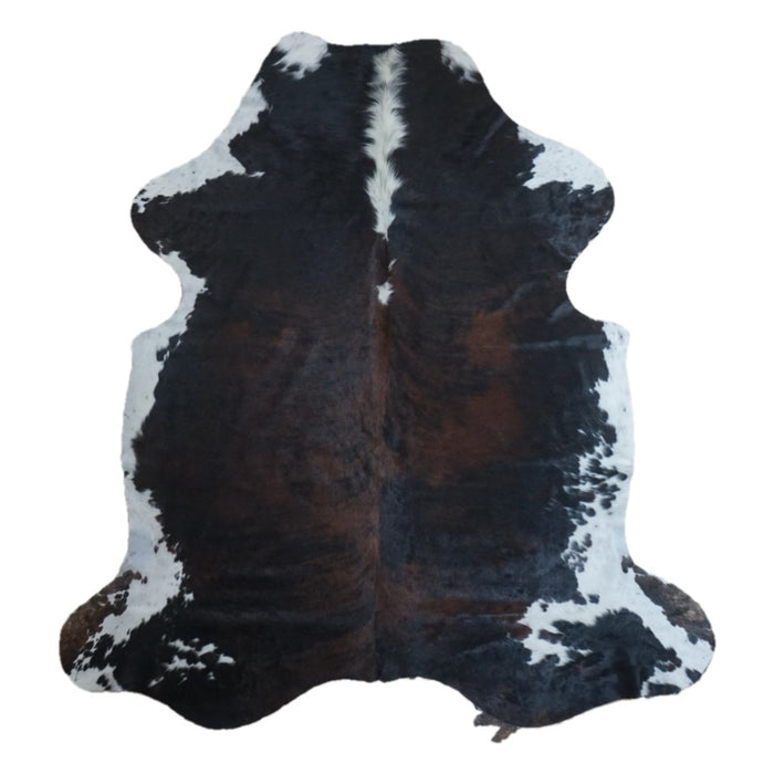 Tricolor cowhide rug, 6'11" x 6'5", shown on white background (CH-070)
