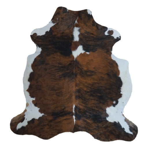 Tricolor cowhide rug, 6'7" x 6'3", shown on white background (CH-073)