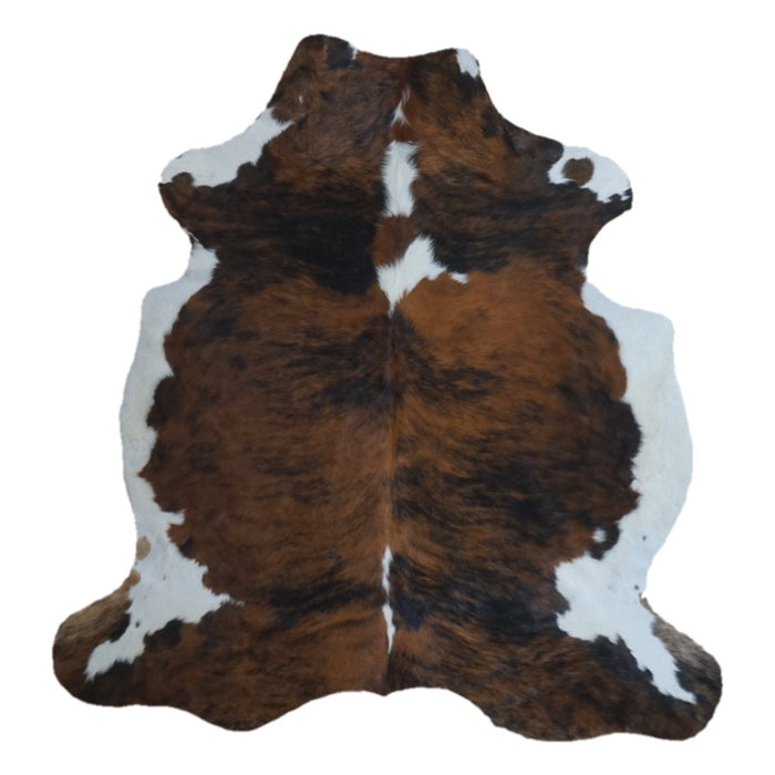Tricolor cowhide rug, 6'7" x 6'3", shown on white background (CH-073)