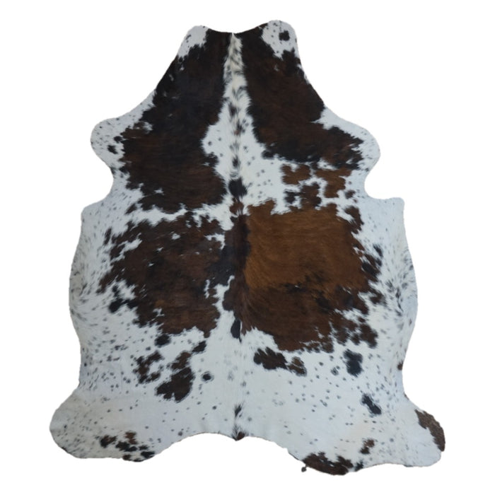 Tricolor cowhide rug, 7'2" x 6'3", shown on white background (CH-074)