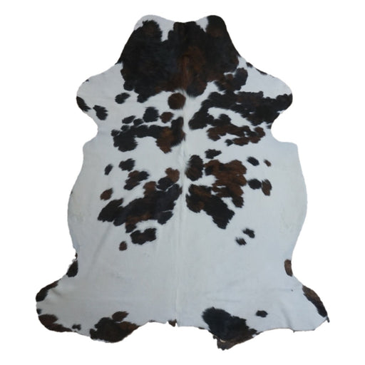 Tricolor cowhide rug, 7' x 6'2", shown on white background (CH-078)