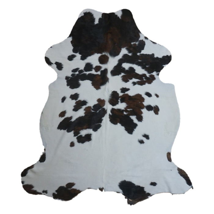 Tricolor cowhide rug, 7' x 6'2", shown on white background (CH-078)