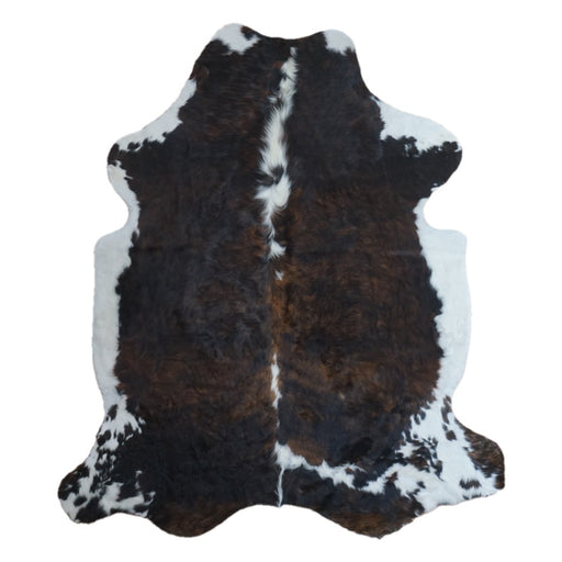 Tricolor cowhide rug, 7'1" x 6'1", shown on white background (CH-081)