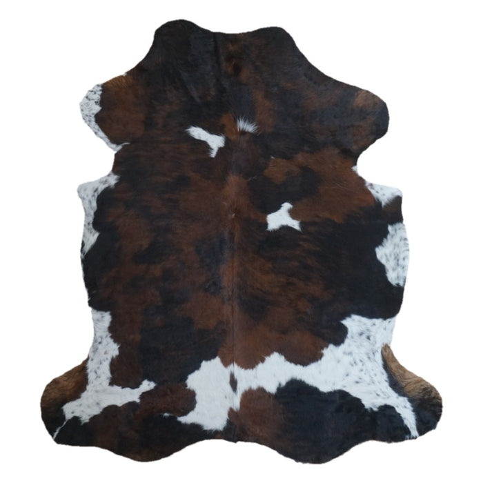 Tricolor cowhide rug, 7'3" x 6'7", shown on white background (CH-082)