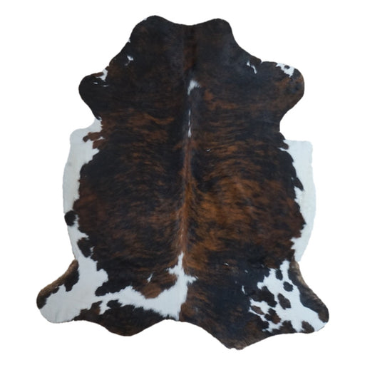 Tricolor cowhide rug, 6'10" x 6'1", shown on white background (CH-084)