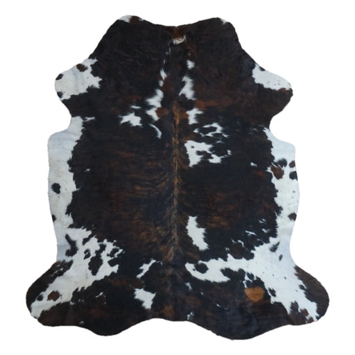 Tricolor cowhide rug, 6'10" x 6'4", shown on white background (CH-085)