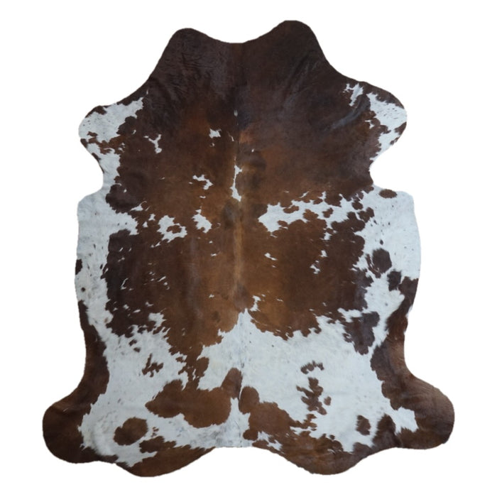 Tricolor cowhide rug, 7'1" x 6'5", shown on white background (CH-086)