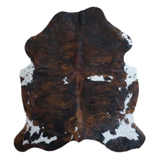 Tricolor cowhide rug, 6'9" x 5'10", shown on white background (CH-087)
