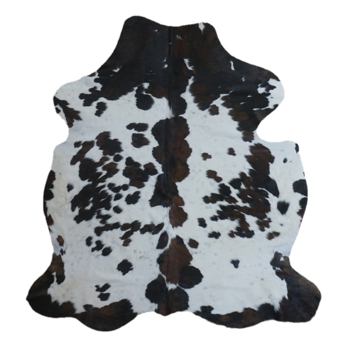 Tricolor cowhide rug, 6'3" x 5'11", shown on white background (CH-088)