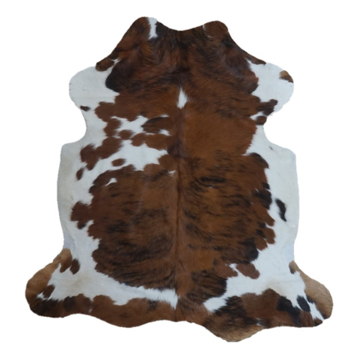Tricolor cowhide rug, 6'4" x 5'11", shown on white background (CH-089)
