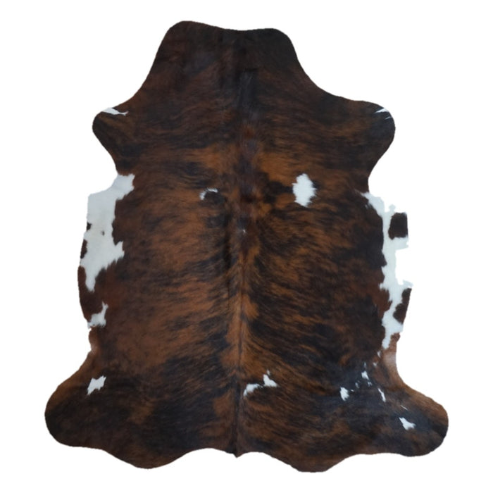 Tricolor cowhide rug, 6'10" x 6'1", shown on white background (CH-090)
