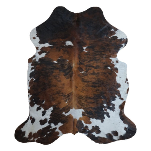 Tricolor cowhide rug, 6'11" x 6'2", shown on white background (CH-092)