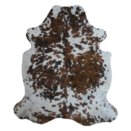 Tricolor cowhide rug, 7'4" x 6'5", shown on white background (CH-094)