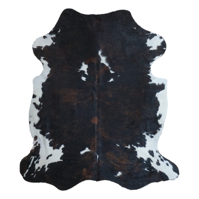 Tricolor cowhide rug, 6'9" x 6', shown on white background (CH-095)
