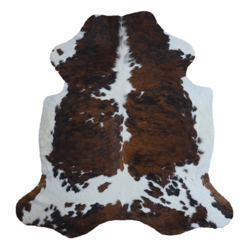 Tricolor cowhide rug, 6'6" x 6'3", shown on white background (CH-096)