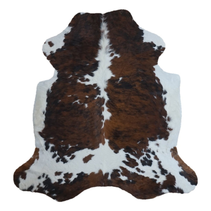 Tricolor cowhide rug, 6'6" x 6'3", shown on white background (CH-096)