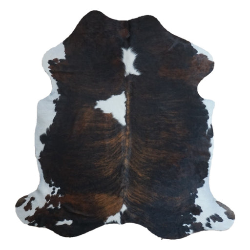 Tricolor cowhide rug, 7' x 6'9", shown on white background (CH-097)