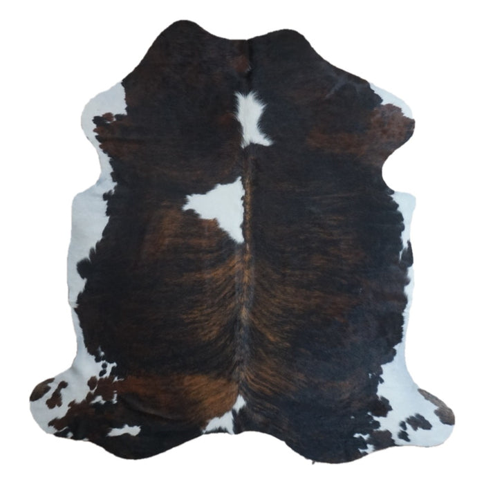 Tricolor cowhide rug, 7' x 6'9", shown on white background (CH-097)