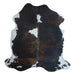Tricolor cowhide rug, 7' x 6'9", shown on white background (CH-097)