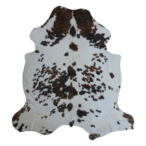 Tricolor cowhide rug, 7'1" x 6'6", shown on white background (CH-099)