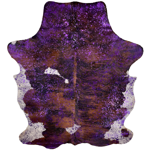 Colombian Tricolor Cowhide w/ Purple Metallic Acid Wash:  has a brown and black, brindle pattern, with two white spots on the back and white on the belly, and it has been treated with a purple, metallic acid wash - 6'11" x 5'2" (COAW409)