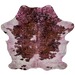 Colombian Tricolor Cowhide w/Pink Metallic Acid Wash:  white with a brown and black, brindle pattern, and it has been treated with a pink, metallic, acid wash - 6'11" x 5'10" (COAW413)