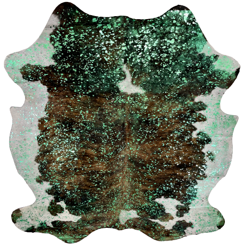 Colombian Tricolor Cowhide w/ Green Metallic Acid Wash:  white with a brown and black, brindle pattern, and it has been treated with a metallic, green, acid wash - 6'8" x 5'5" (COAW419)