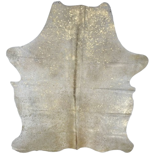 Gold Acid Wash on White & Dk Brown Speckled Colombian Cowhide: white with fine, dark brown speckles, and it has been treated with a gold, metallic acid wash - 6'7" x 4'11 (COAW449)