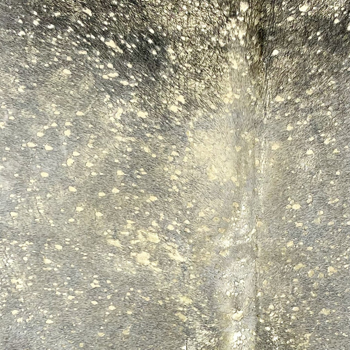 Closeup of this Colombian Cowhide, showing white with black speckles, and a gold, metallic acid wash (COAW450)