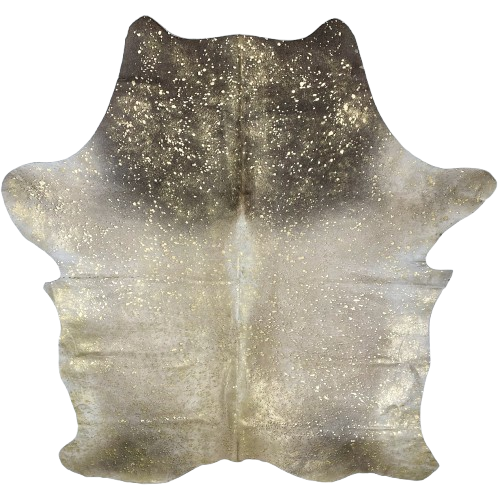 White & Black Speckled Colombian Cowhide w/ Gold Acid Wash: white with black speckles on the shoulder and butt, and it has fine, brown speckles on the back, and it has been treated with a gold, metallic acid wash - 7'2" x 5'6" (COAW452)