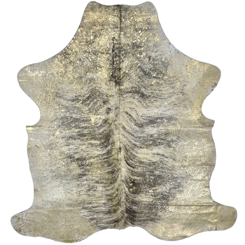 White & Black Colombian Brindle Cowhide w/ Gold Acid Wash: white with black, brindle markings, and it has been treated with a gold, metallic acid wash - 6'5" x 4'8" (COAW453)