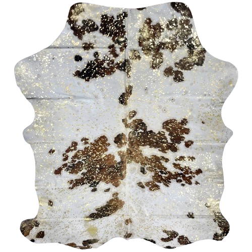 Tricolor Colombian Cowhide w/ Gold Acid Wash: off-white with spots that have a mix of brown and black, and it has been treated with a gold, metallic acid wash - 7'1" x 5'4"(COAW479)