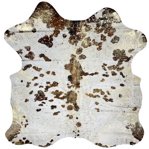 Tricolor Colombian Cowhide w/ Gold Acid Wash: white with spots that have a mix of brown and black, and it has been treated with a gold, metallic acid wash - 6'10" x 5'11" (COAW480)