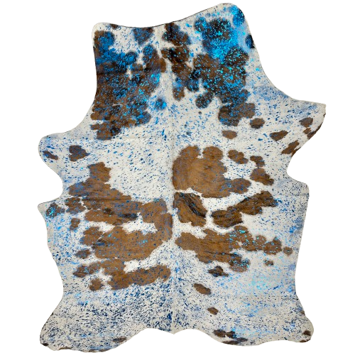 Large Tricolor Colombian Cowhide w/ Sea Blue Acid Wash: white with large and small spots that have a brown, brindle pattern, and it has been treated with a sea blue, metallic acid wash - 7'6" x 5'4" (COAW484)