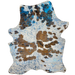 Large Tricolor Colombian Cowhide w/ Sea Blue Acid Wash: white with large and small spots that have a brown, brindle pattern, and it has been treated with a sea blue, metallic acid wash - 7'6" x 5'4" (COAW484)