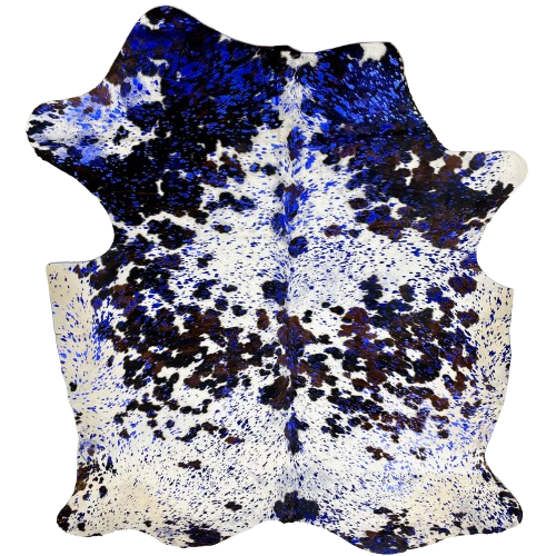 Tricolor Colombian Cowhide w/ Royal Blue Acid Wash: white with spots that have a mix of brown and black, and it has been treated with a royal blue, metallic acid wash - 6'11" x 5'3" (COAW485)