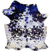 Tricolor Colombian Cowhide w/ Royal Blue Acid Wash: white with spots that have a mix of brown and black, and it has been treated with a royal blue, metallic acid wash - 6'11" x 5'3" (COAW485)