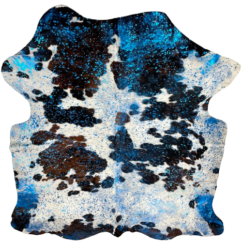 Colombian Tricolor Cowhide w/ Sea Blue Acid Wash: white with large and small spots that have a brown and black, bridle pattern, and it has been treated with a sea blue, metallic acid wash - 7'1" x 5'11' (COAW488)