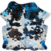 Colombian Tricolor Cowhide w/ Sea Blue Acid Wash: white with large and small spots that have a brown and black, bridle pattern, and it has been treated with a sea blue, metallic acid wash - 7'1" x 5'11' (COAW488)