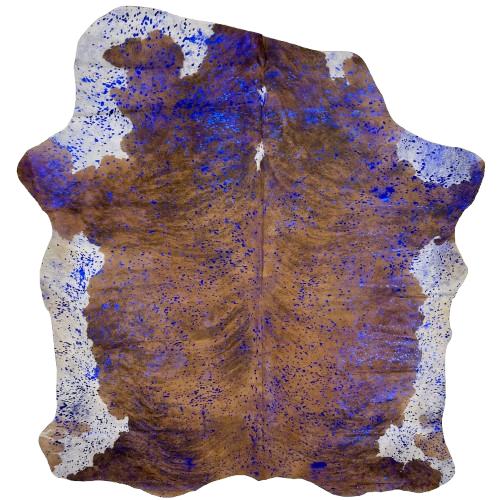 Large Brown and Black Colombian Brindle Cowhide with a metallic Royal Blue Acid Wash - 7'9" x 5'9" (COAW500)