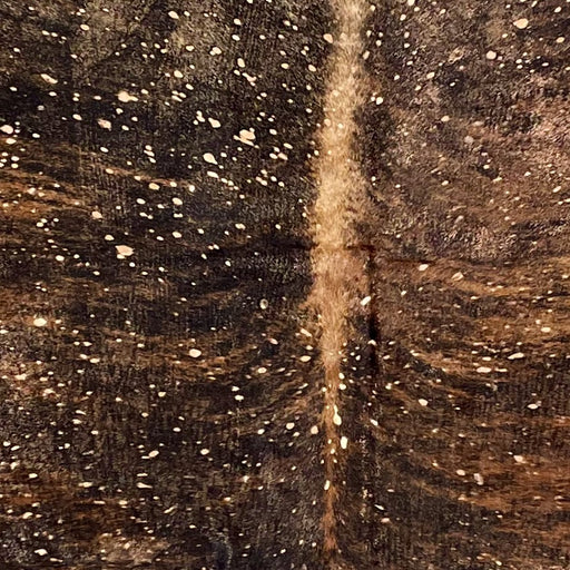 Closeup of this Colombian Brindle Cowhide, showing brown and black, and a metallic, Gold Acid Wash (COAW506)