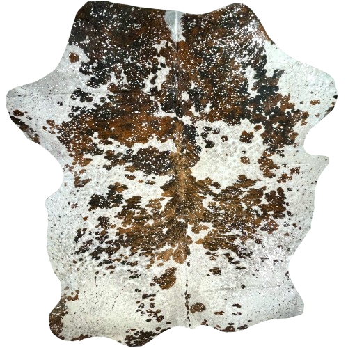 XL Colombian Tricolor Cowhide w/ Silver Acid Wash: white with black and brown speckles and spots, and it has been treated with a silver, metallic acid wash - 8' x 6'1" (COAW511)