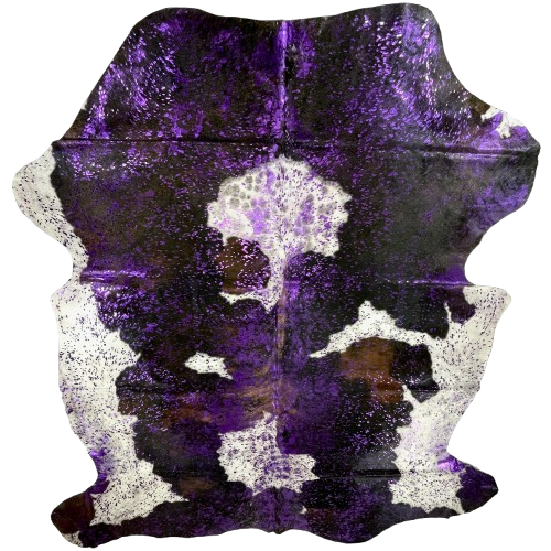 Large Colombian Tricolor Cowhide w/ Purple Acid Wash: black with large, brown and white spots, and it has been treated with a metallic, purple acid wash - 7'5" x 5'9" (COAW512)