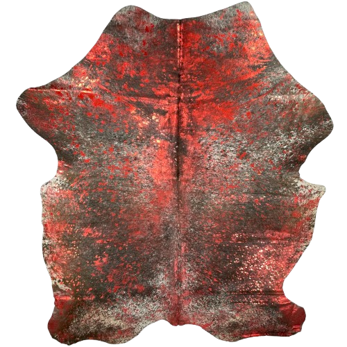 Brown and White Speckled Colombian Cowhide w/ Red Acid Wash: brown with white speckles, and it has been treated with a red, metallic acid wash - 7'4" x 5'9" (COAW513)