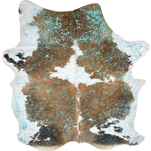 Large Brown and White Colombian Cowhide w/ Turquoise Acid Wash - 7'11" x 5'11" (COAW517)